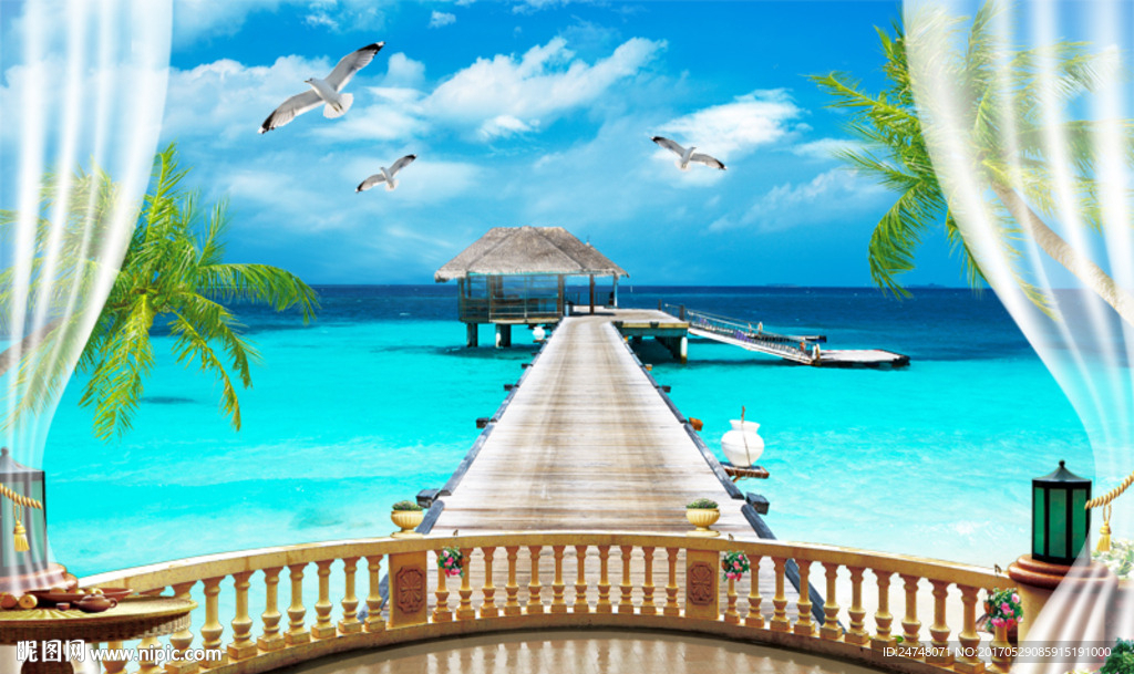 3D立体阳台唯美马尔代夫海景