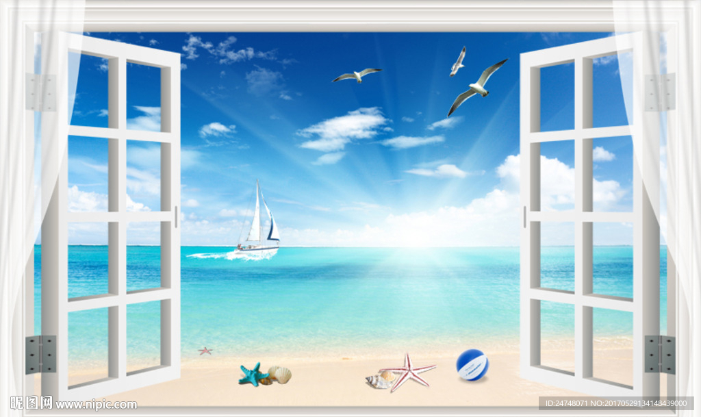 3D立体假窗唯美大海风景背景墙