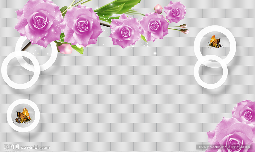 现代紫色玫瑰圈圈砖墙电视背景墙