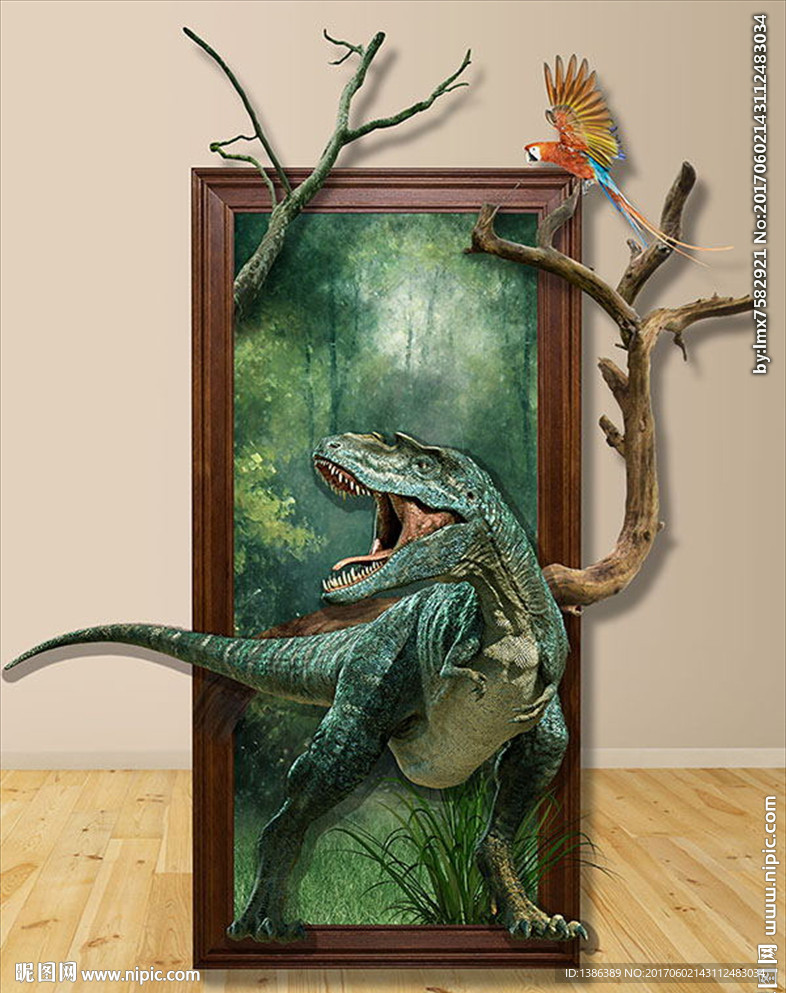 奇幻森林恐龙3D立体墙画背景