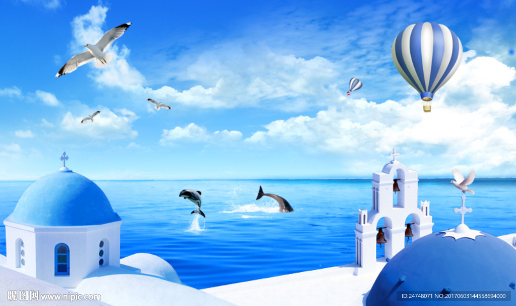 3D立体唯美圣托里尼地中海风景