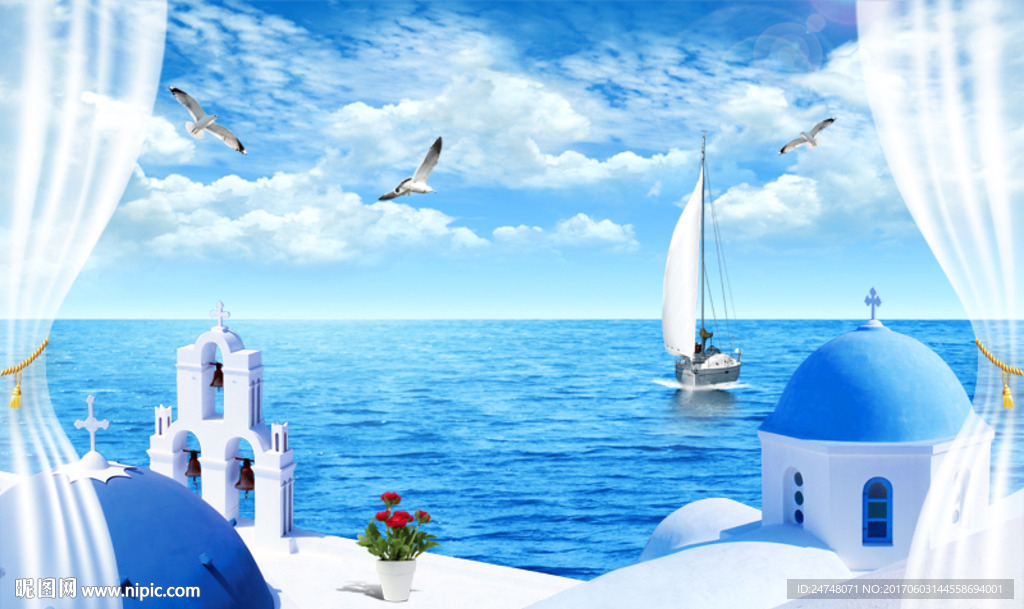 3D立体唯美爱琴海圣托里尼风景