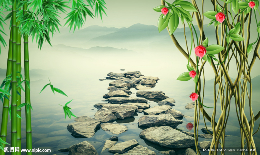 3D立体水墨山水大海礁石风景