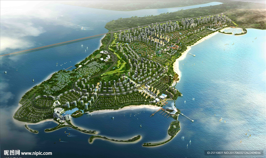 鸟瞰城市规划海景海滩景观设计图