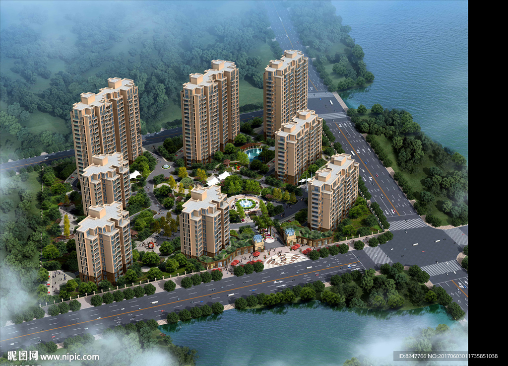 海边住宅小区鸟瞰建筑效果图