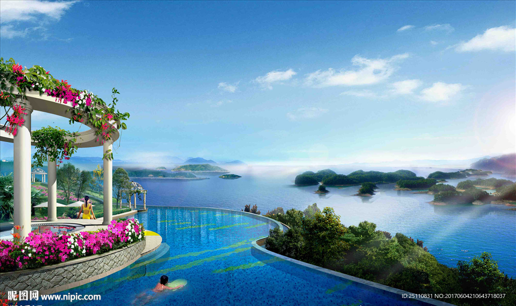 夏天游泳池绿化景观图