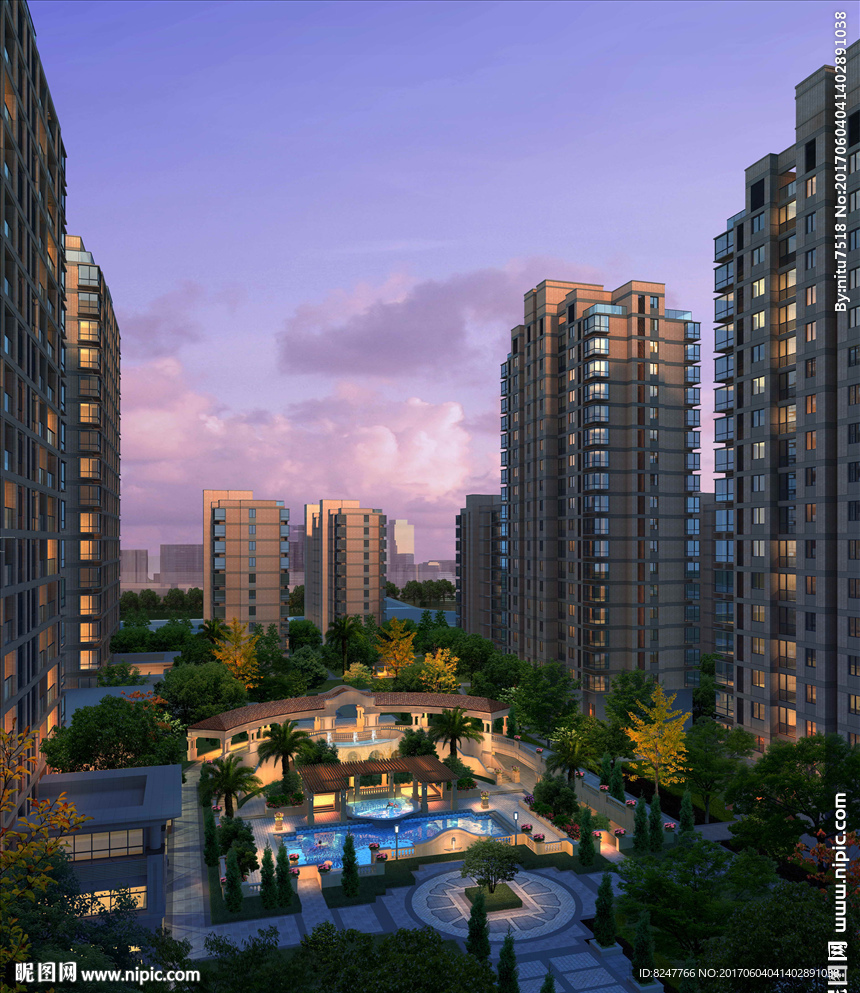 住宅区内庭泳池鸟瞰夜景建筑效图