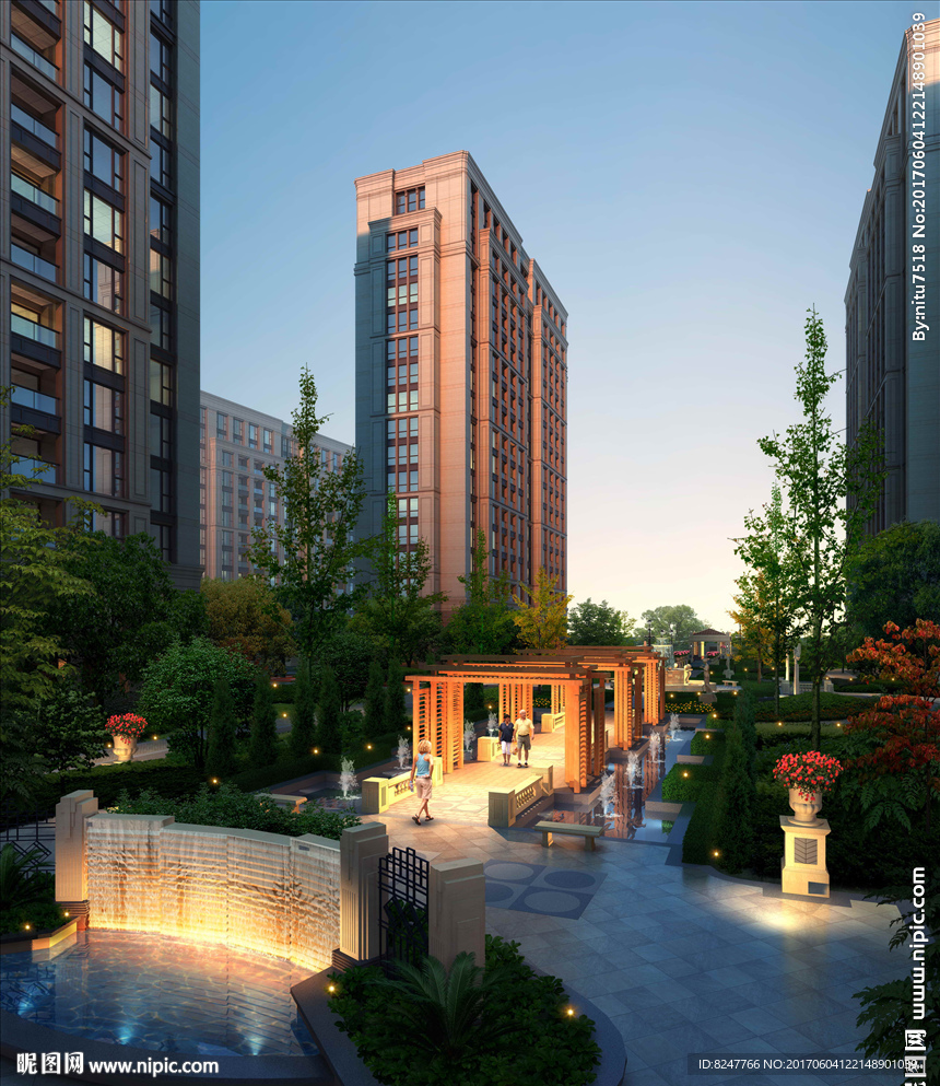 住宅区内庭景观夜景建筑效果图