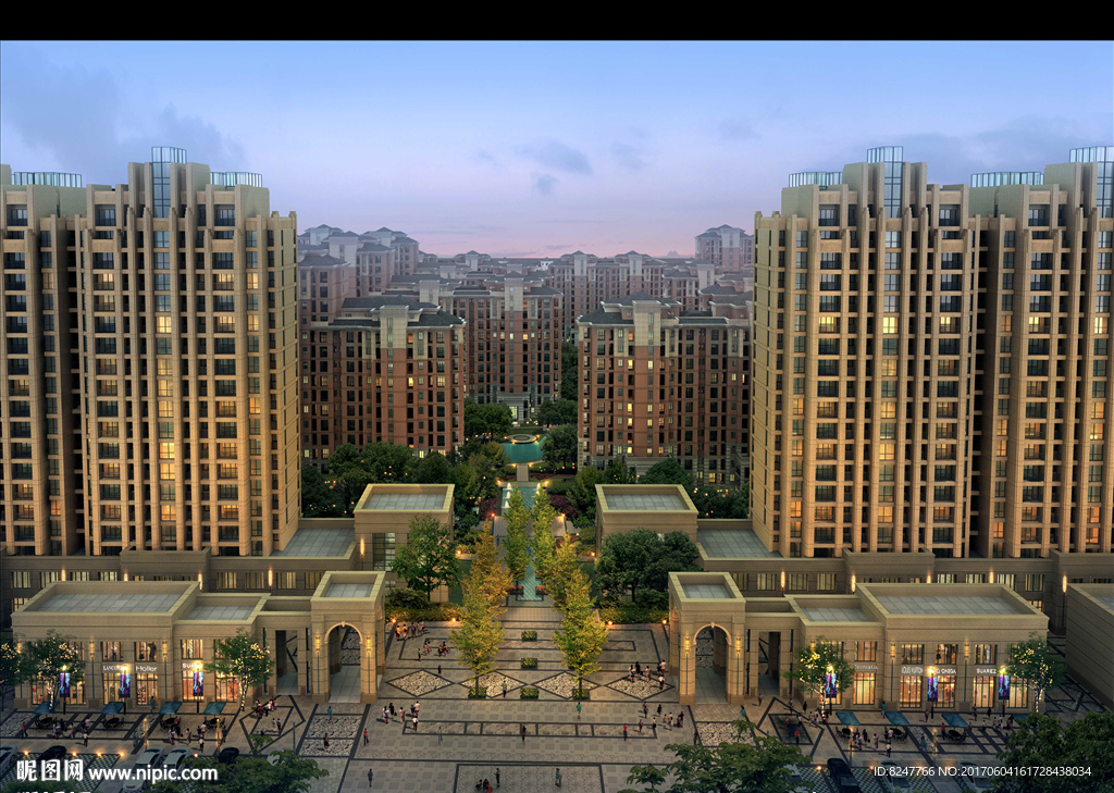 住宅区中轴景观带鸟瞰建筑效果图