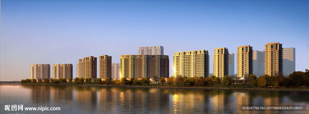 江边住宅群黄昏建筑效果图