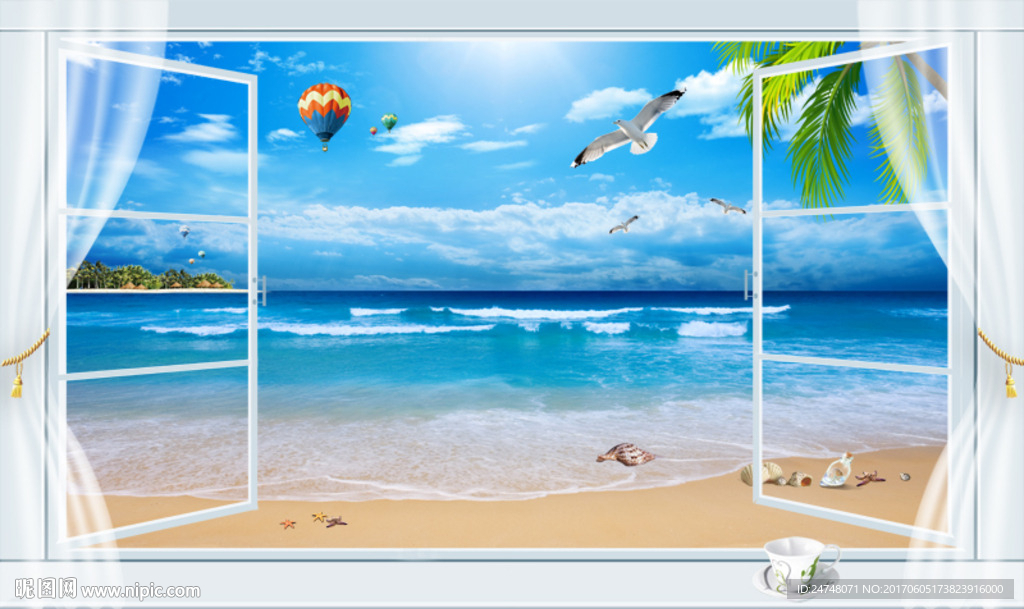 3D立体假窗大海沙滩唯美风景