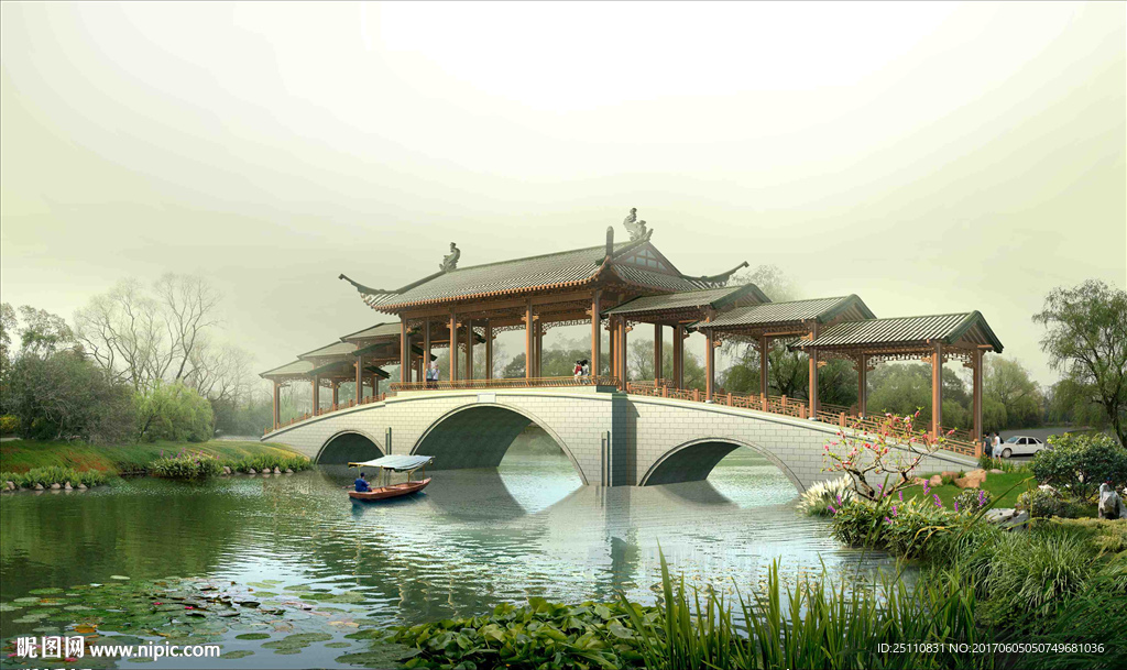 拱桥凉亭河道木舟景观设计图