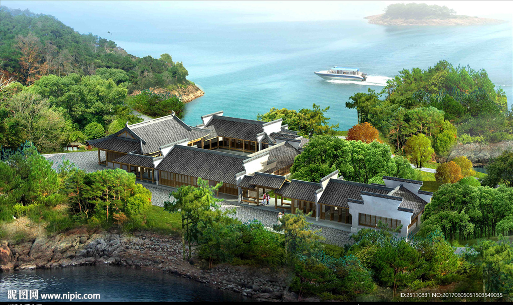 古代建筑海景山体设计景观图