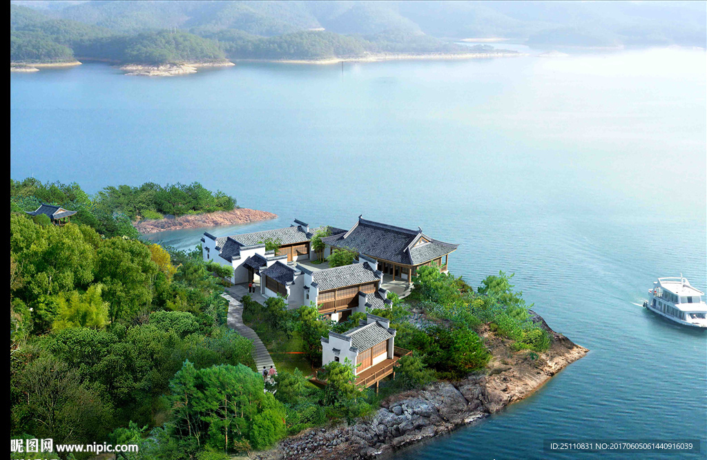 鸟瞰海景古代建筑景观设计图