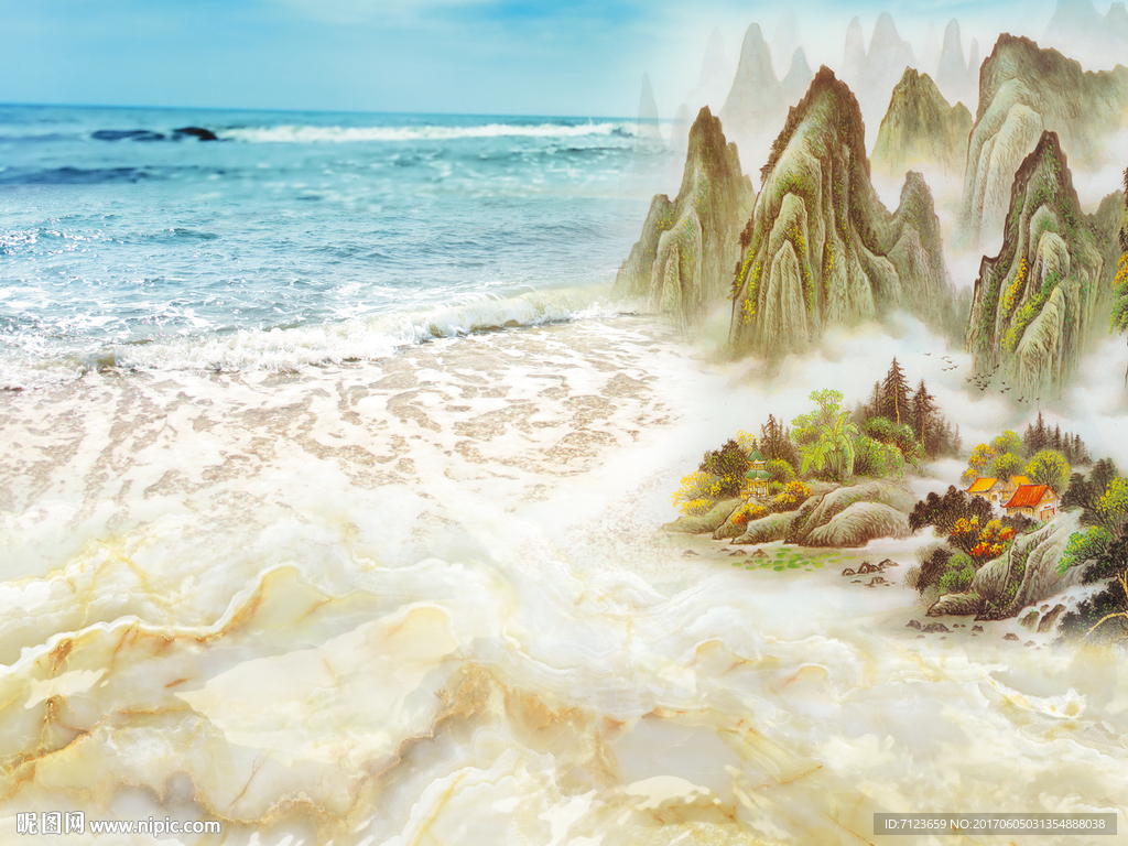 大理石纹海纳百川山水画背景墙