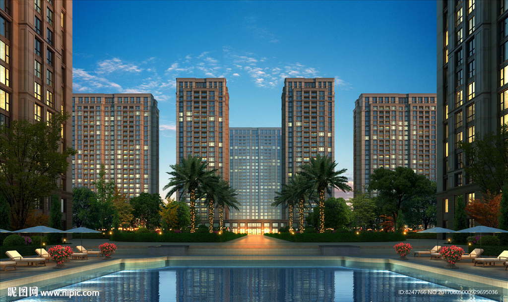 小区夜景中心区水池景观效果图