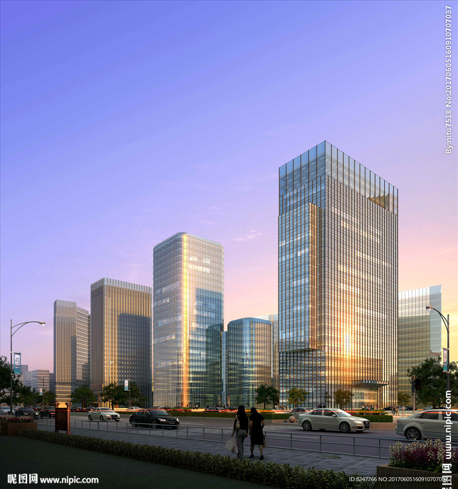 商务CBD中心区黄昏建筑效果图