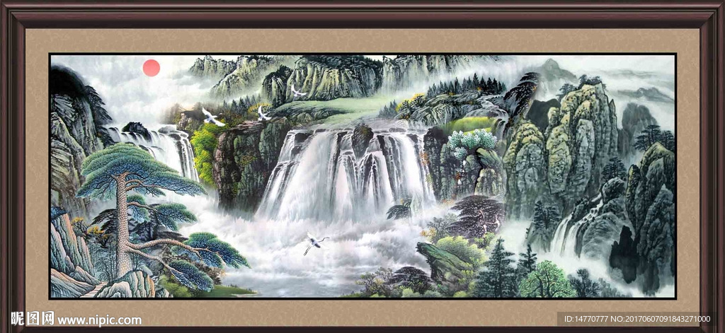 旭日东升 国画迎客松