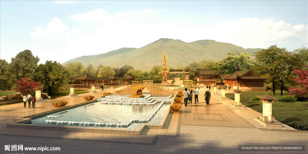 旅游景点古建筑广场效果图