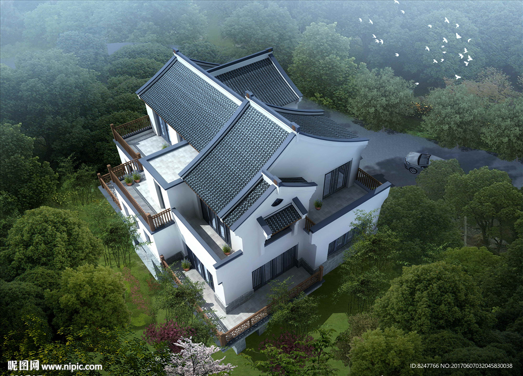 四合院别墅鸟瞰建筑效果图