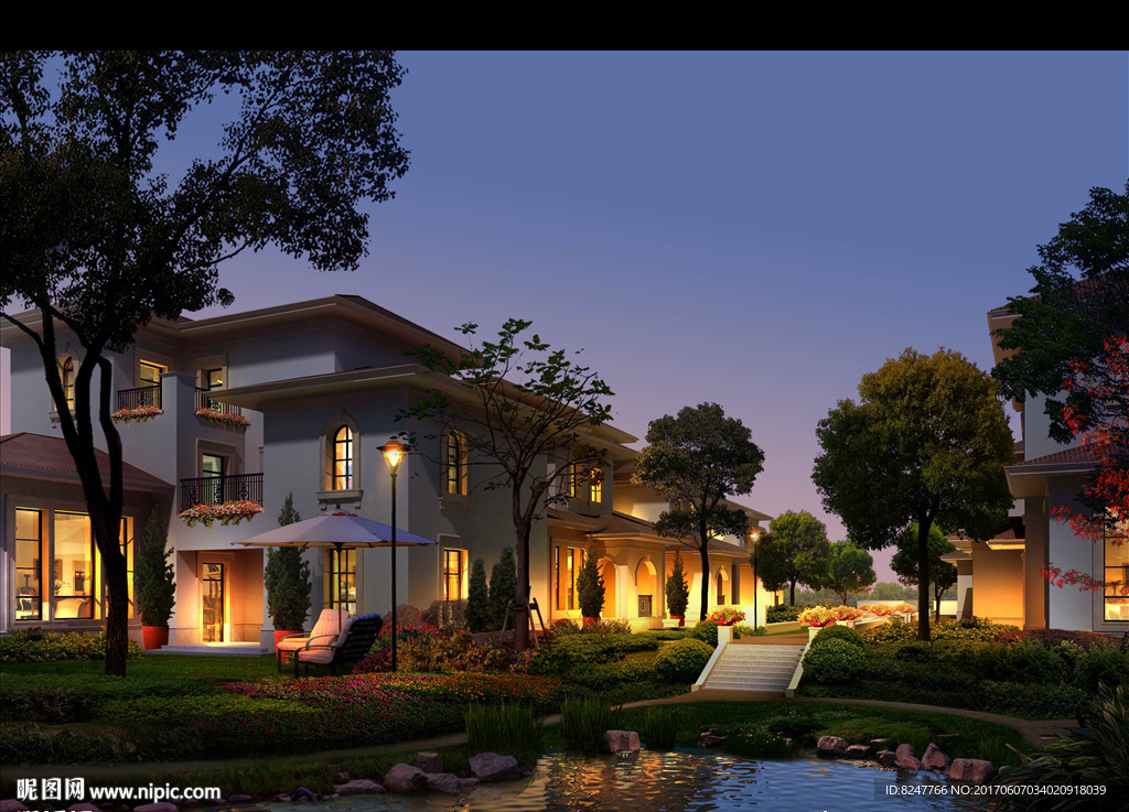 会所式别墅夜景景观效果图