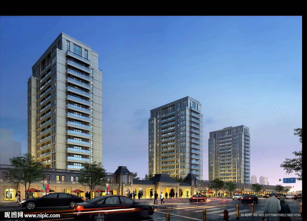 商业住宅区夜色街景建筑效果图