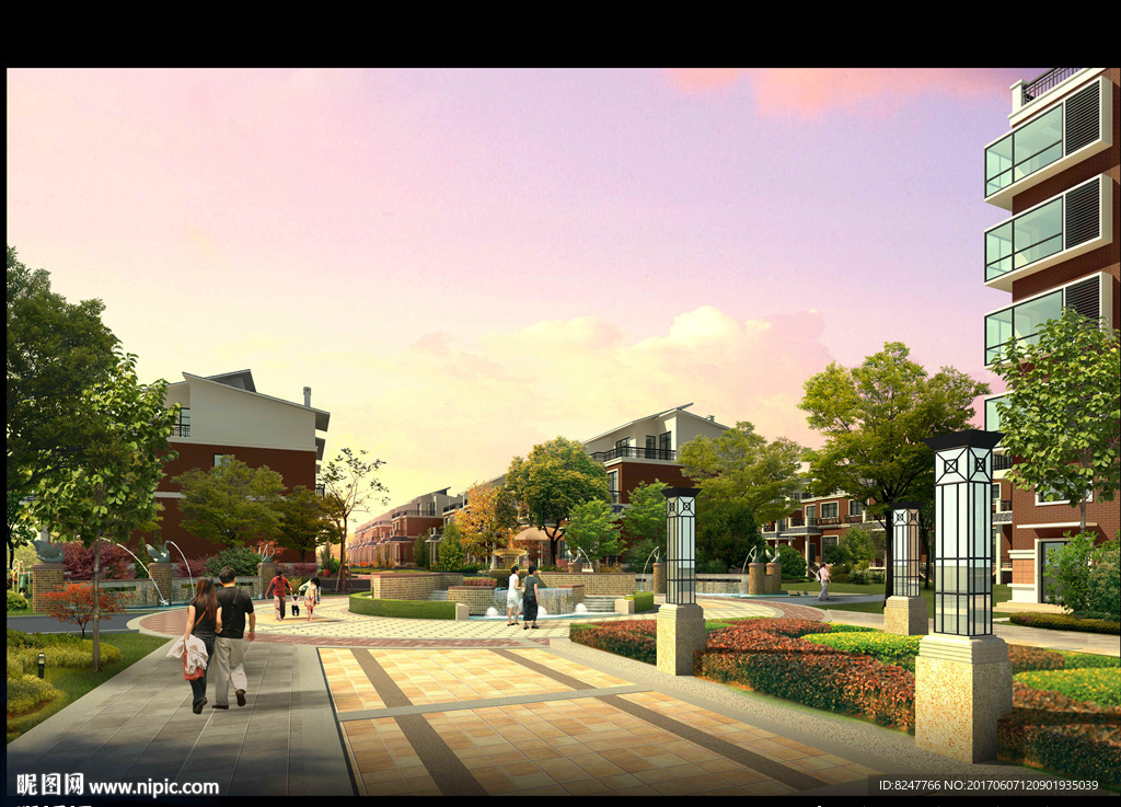 住宅小区花坛黄昏景观效果图