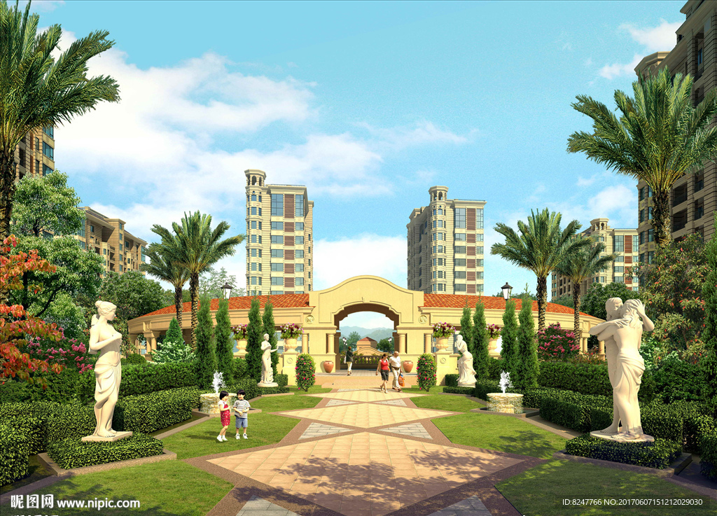 住宅区内庭花园雕塑植被景观效果