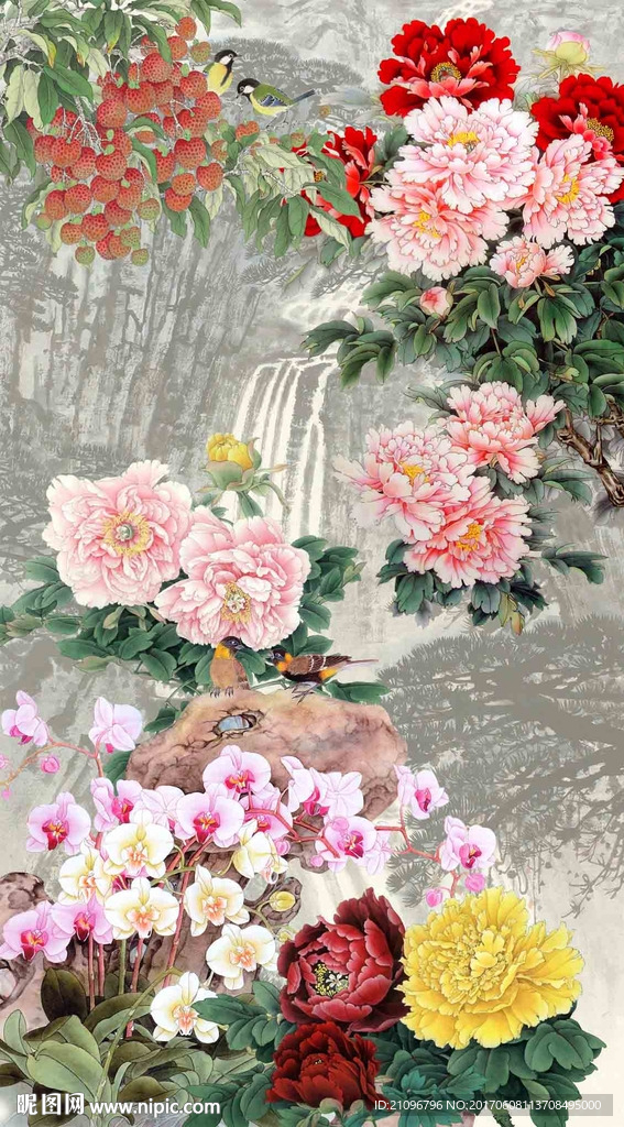 国画牡丹玄关背景墙
