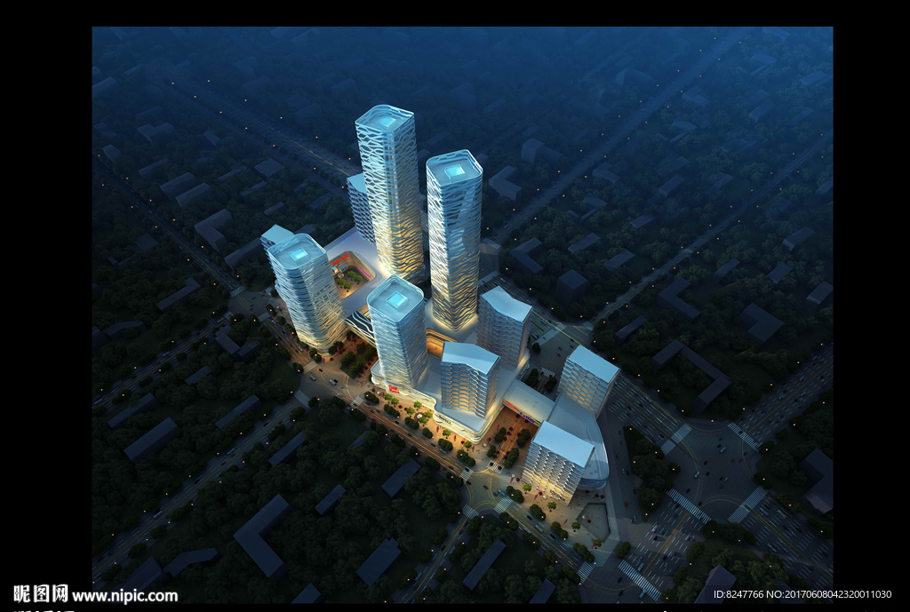 镂空商务时代之城夜景鸟瞰建筑图