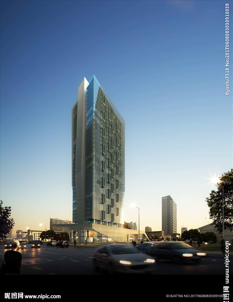 高层商务大厦黄昏建筑效果图