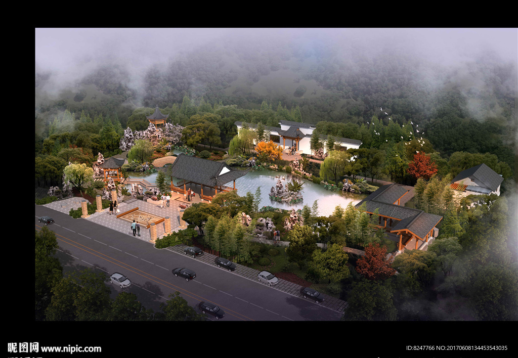 凉亭古建公园一角鸟瞰建筑效果图