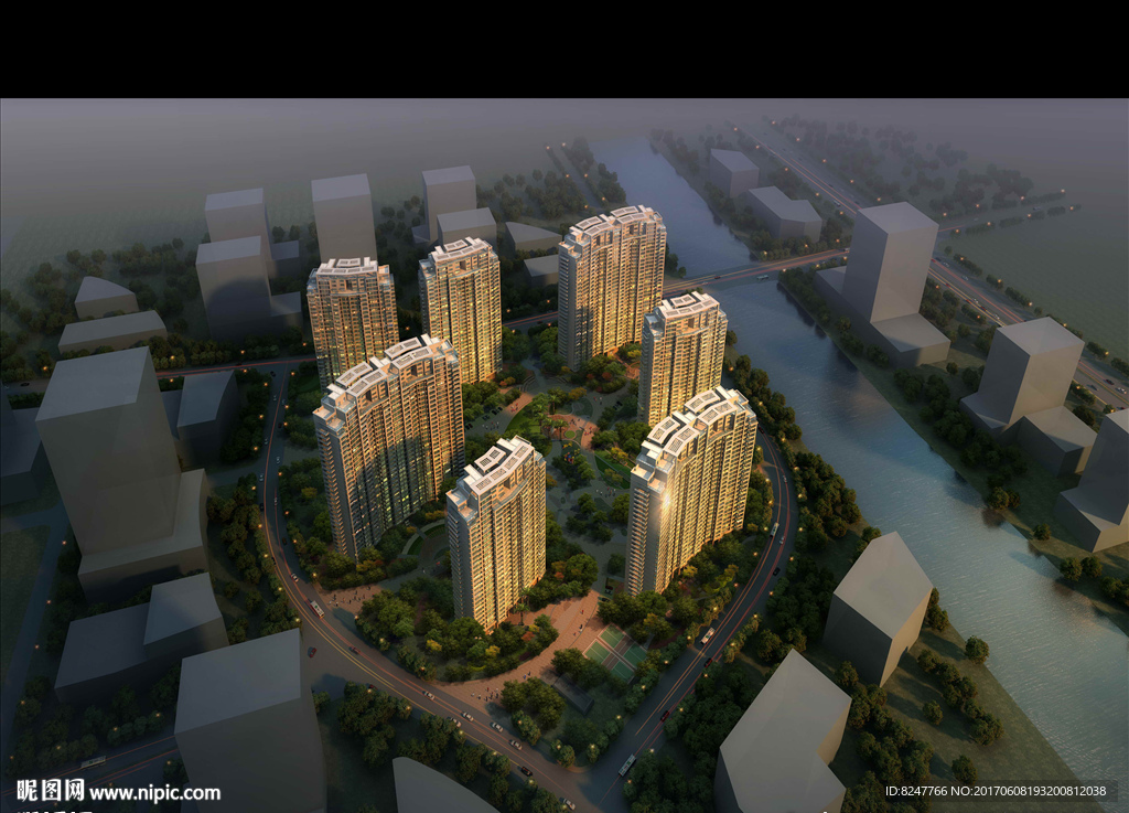 高层住宅小区鸟瞰建筑效果图