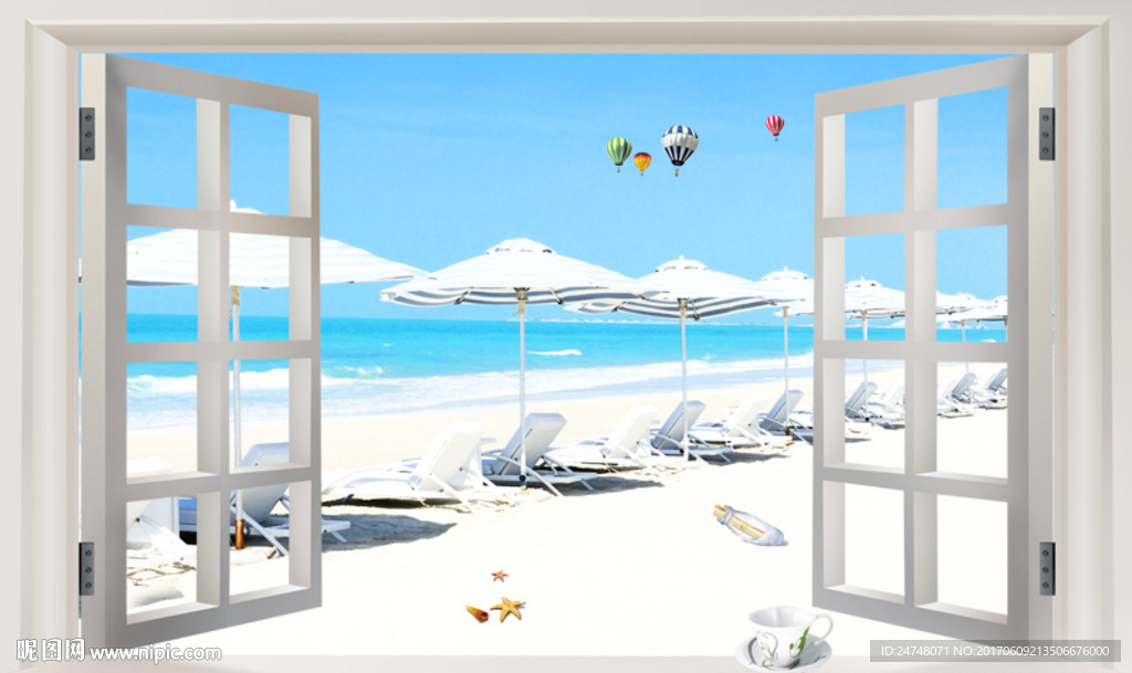 3D窗户大海沙滩椅子夏日风景