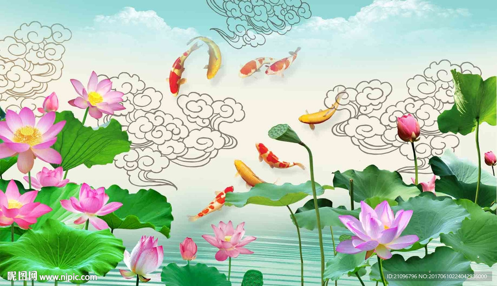 中式荷花背景墙