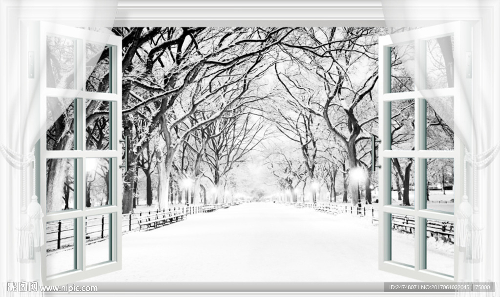 3D立体窗外唯美冬天街道雪景