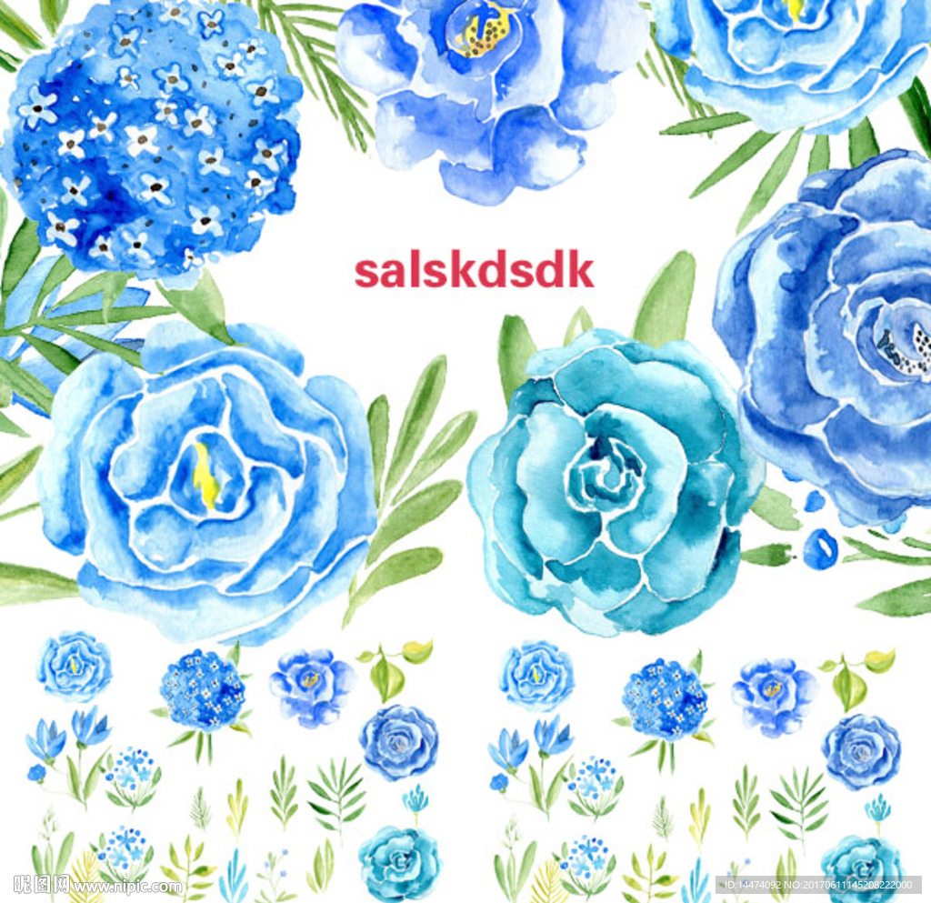 水彩手绘蓝色花朵植物枝条