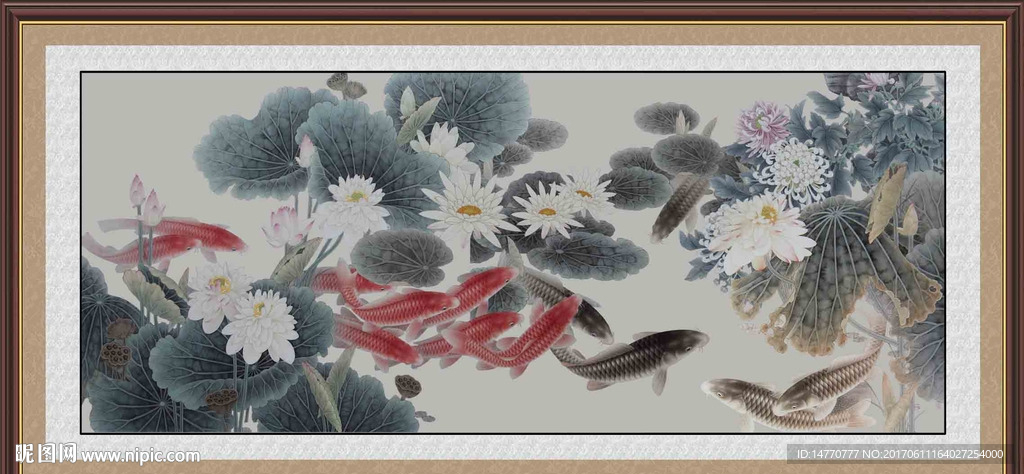 水墨荷花鲤鱼图