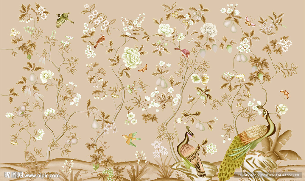 手绘牡丹花卉背景墙