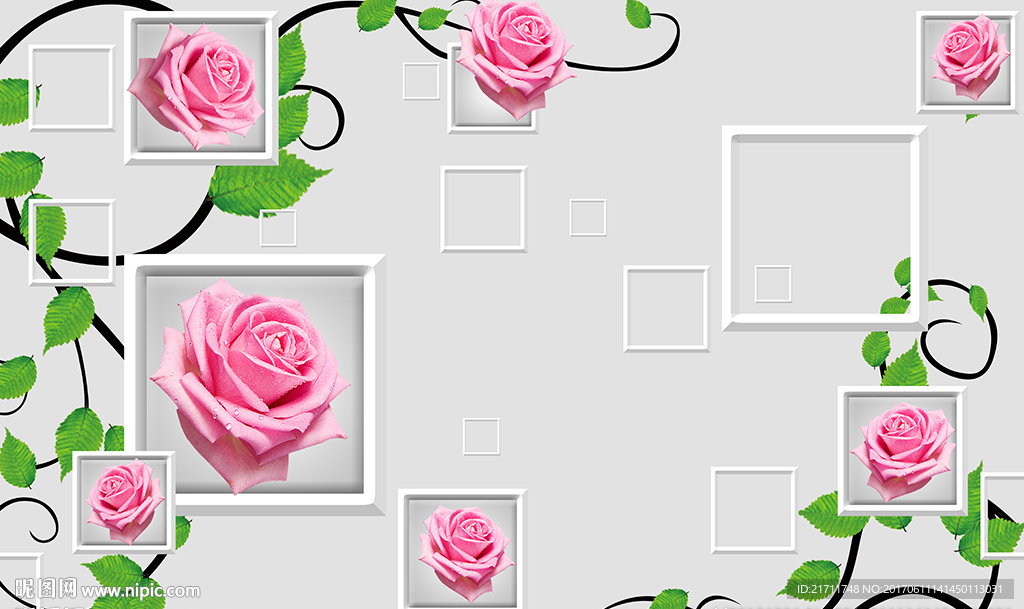 现代粉红玫瑰简约方框电视背景墙
