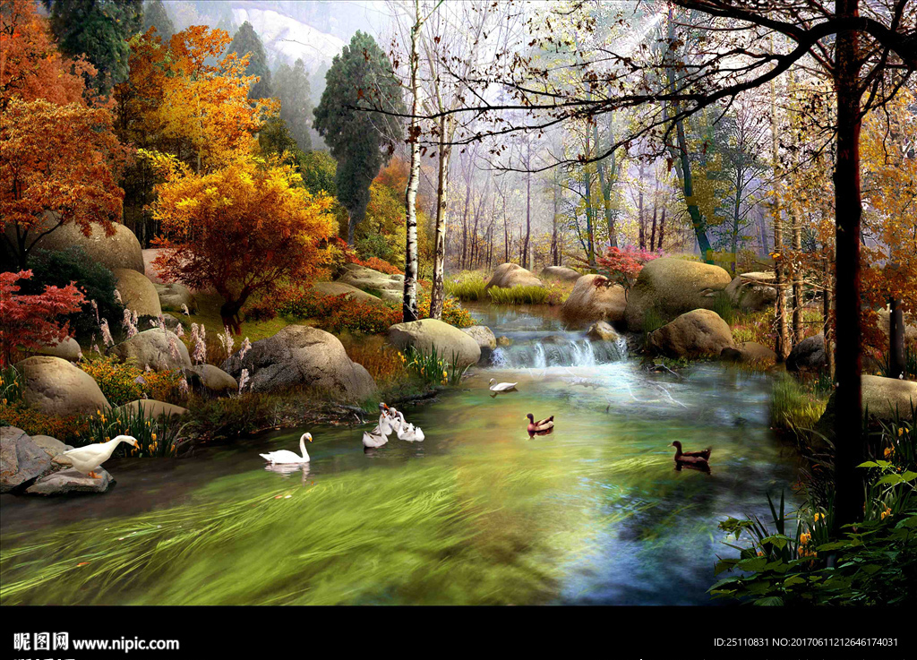 秋天河道流水景观图