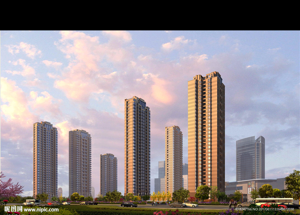 高层住宅区黄昏建筑效果图