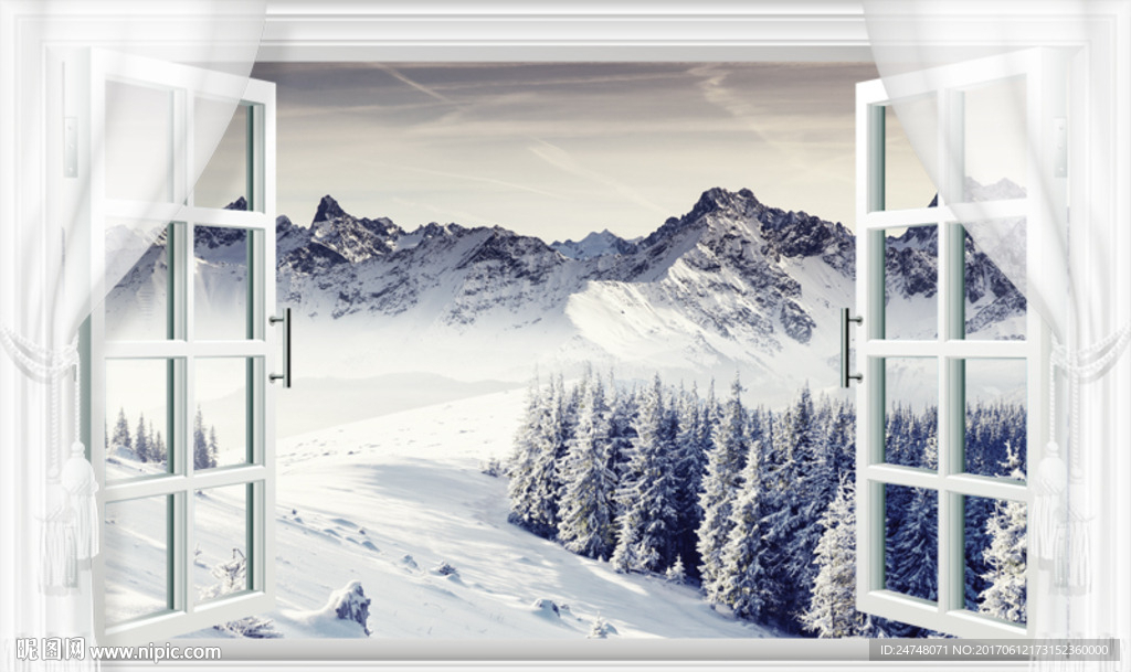3D立体窗外辽阔雪山森林雪景