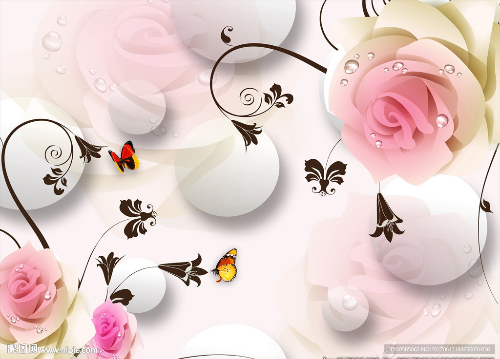 3D圆圈玫瑰蝴蝶现代背景墙图片