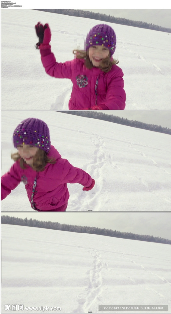 美丽的小女孩雪地奔跑