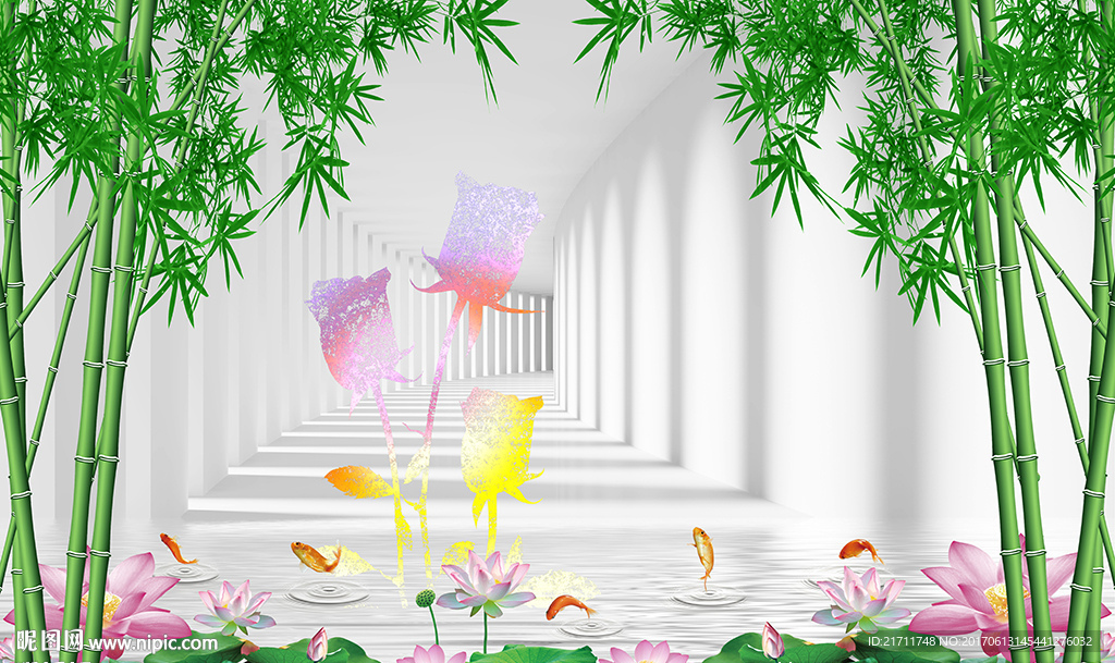 梦幻玫瑰花中式荷花九鱼电视背景