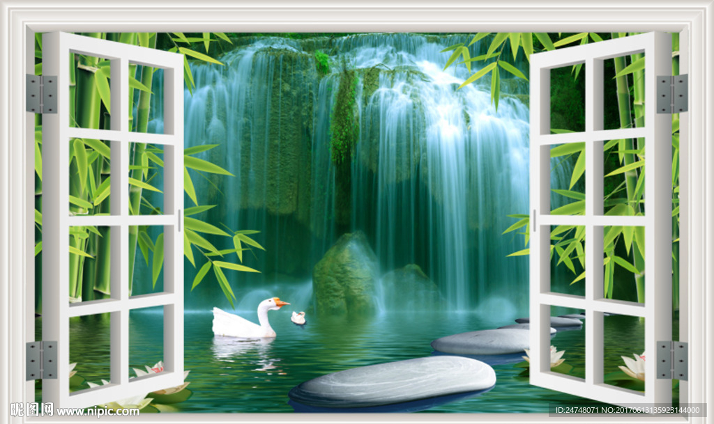 3D立体假窗唯美瀑布潭水风景