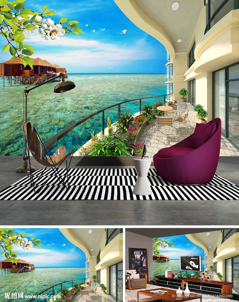 3D沙滩海边风景画背景墙