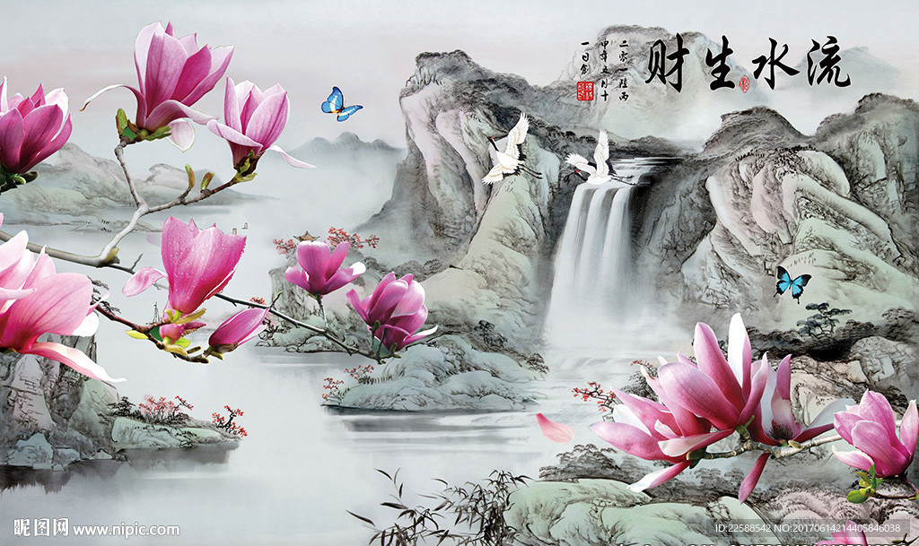 中式国画山水玉兰高清壁画图