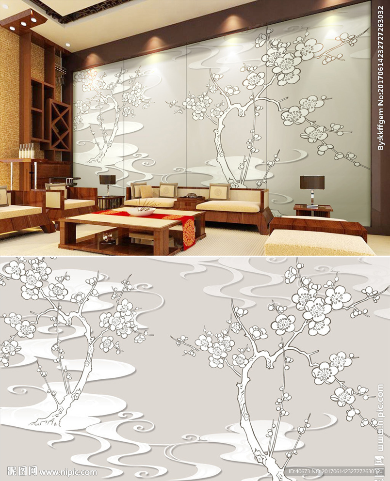 新中式手绘白描花鸟客厅背景墙